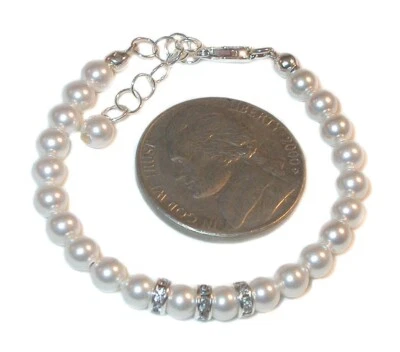 4mm WHITE Pearl Bracelet NEWBORN BABY Sterling Silver Swarovski Elements - Image 1 of 4