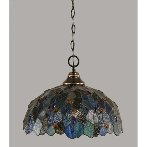 Toltec Chain Pendant, Black Copper, 16" Blue Mosaic Tiffany Glass - 10-BC-995 - Picture 1 of 1