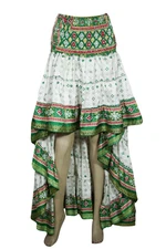 Boho Hippy Green White Floral Hi Low Skirt Tiered Full Flare Beach Sexy Skirts S