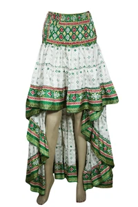 Boho Hippy Green White Floral Hi Low Skirt Tiered Full Flare Beach Sexy Skirts S