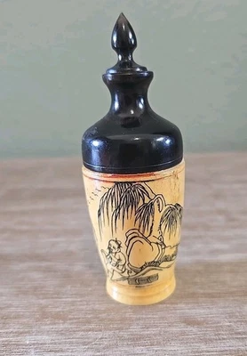 Antique Chinese Bone Scrimshaw Snuff Bottle W/Stopper, 3" Signed, Detailed  - Image 1 of 4