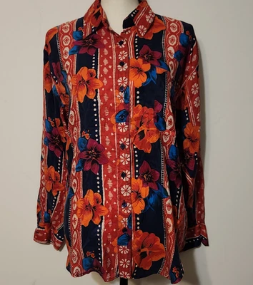 Vintage 90s Daniel Caron 100% silk Hawaiian style Tropical floral Button Blouse - Image 1 of 4