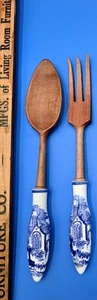 Set cucchiaio e forchetta vintage legno porcellana cermaica blu/bianco design Delft - Foto 1 di 3