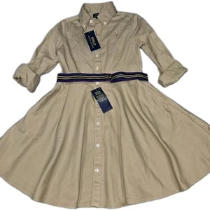 Polo Ralph Lauren Girl's Belted Chino Cotton Shirt Dress Khaki Size 8 NWT - Picture 1 of 11