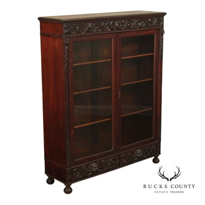 Antique Renaissance Revival Carved Oak Glass Door Bookcase - Image 1 of 4