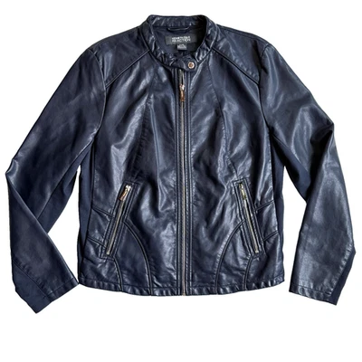 Kenneth Cole Reaction Moto 夹克女式 XL 14 16 蓝色人造皮革外套西装外套 — 第 1/4 张图片