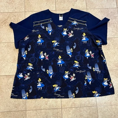Disney Scrub Top Womens 5XL Blue Alice in Wonderland Cartoon Scrub Top - Image 1 of 4