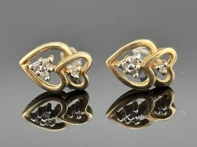 Petite 10k Yellow Gold Diamond Heart Stud Earrings ADL Rubber Backs 3/8" Cluster - Image 1 of 4