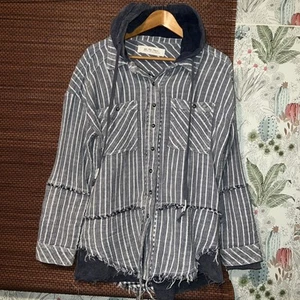 Free People WE THE FREE Basin Plaid Button Down Hooded Shirt Grey-Blue XS - Picture 1 of 8