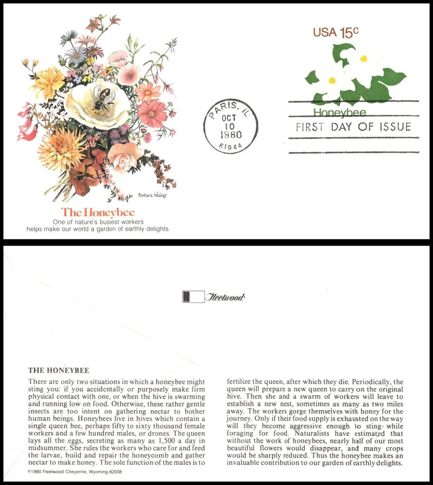 1980 Honeybee U599 FDC Fleetwood pollination agriculture orange blossoms insects - Image 1 of 1