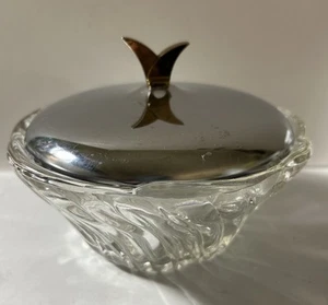 Crystal Candy Dish Brass & Silver Metal Lid Vintage Art Deco MCM Great Piece EUC - Picture 1 of 13