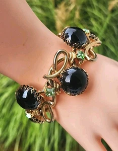 Vintage Unsigned Henkel & Grosse Black Cabochons Rhinestones Chunky Bracelet - Picture 1 of 20