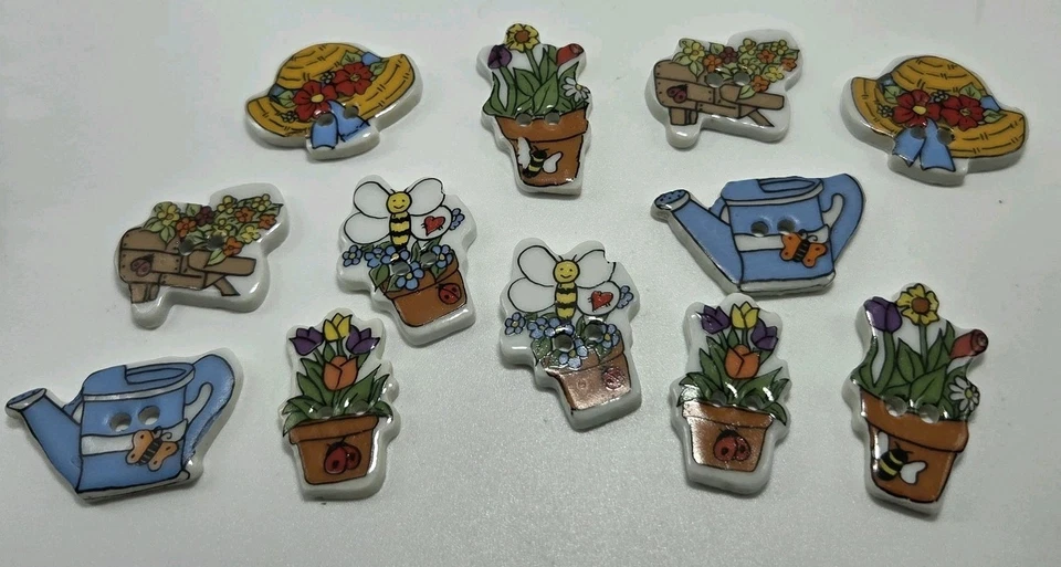 VTG Unknown Brand 12 Ceramic Sewing Buttons Flower Pots Watering Cans Bonnets - Image 1 of 4