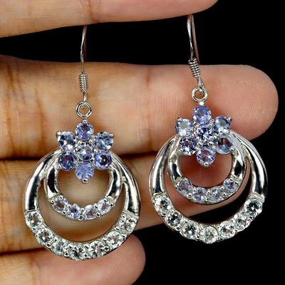 925 Orecchini Argento Sterling Rotondo Tanzanite Acquamarina Natural Gemma Gioie - Immagine 1 di 4