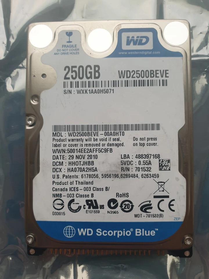 Western Digital 250GB WD2500BEVE-00A0HT0 2.5" IDE HARD DRIVE WD - DCM: HH0TJHBB - Image 1 of 1