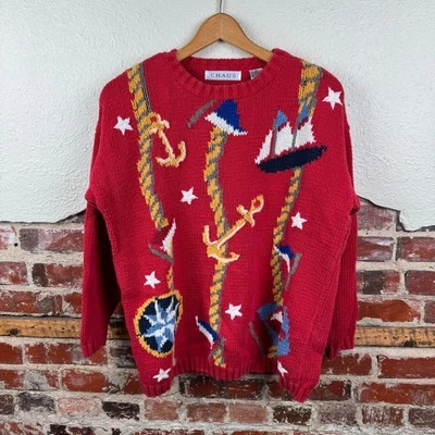 Vintage Chaus Sweater Size Medium Red Crewneck Nautical Sailboat Anchor Compass - Image 1 of 4