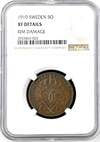 1910 Sweden 5 Ore, NGC XF Details -Damage, KM -779.2, The Key Date - Image 1 of 2