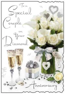 Jonny Javelin Diamond 60th Wedding Anniversary Card - Champagne Roses 9x6.25" - Picture 1 of 2