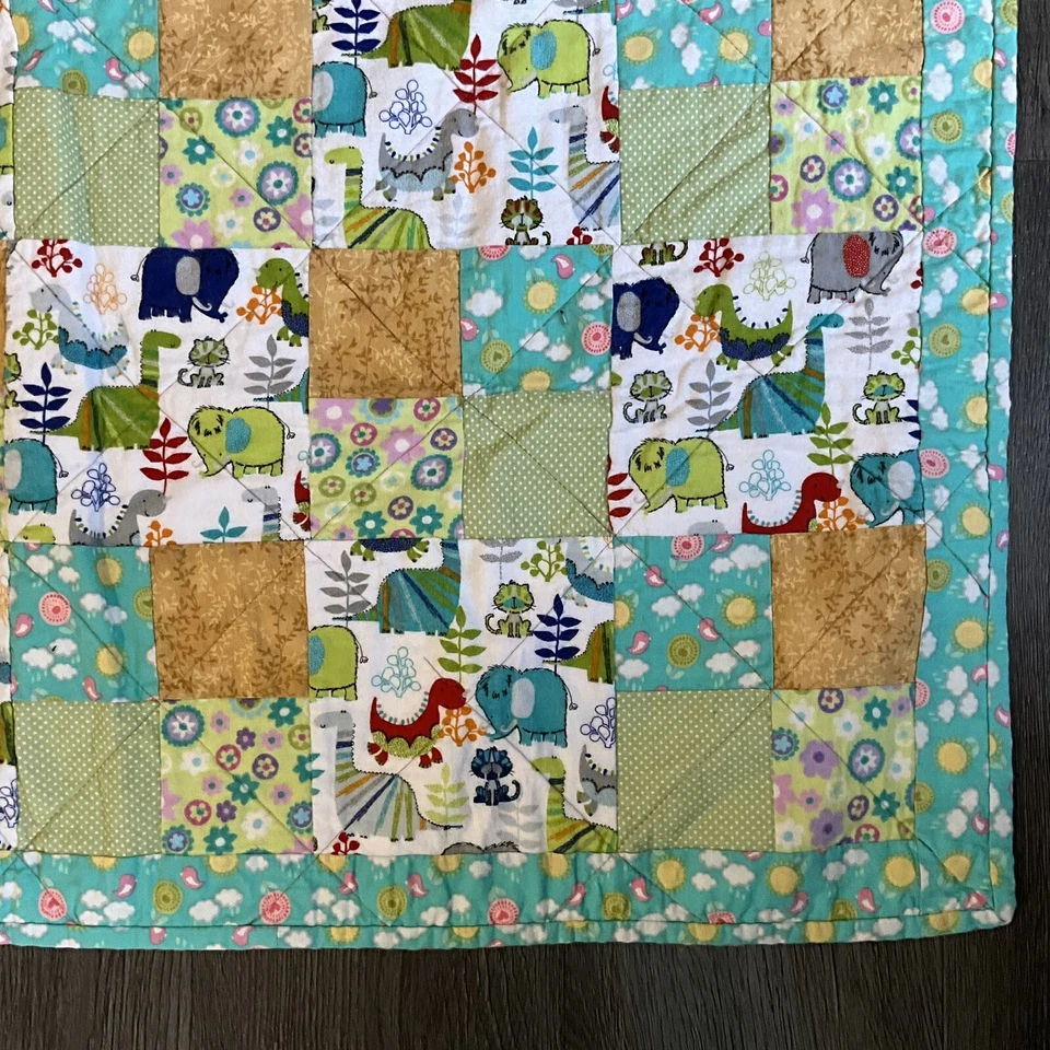 Fun Dinosaur Baby Patchwork Quilted Comforter Blanket Cotton Handmade 37 x 37 - Image 1 of 4