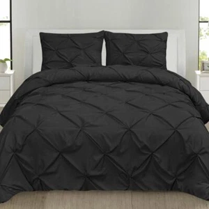 Luxurious 3 Pcs Microfiber Pinch Pleat Pintuck Duvet Cover Pillow Sham Set Queen - Picture 1 of 5