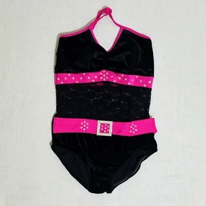 Reverence L Youth Black and Pink Dance Wear Costume One Piece Halter Velvet Lace - Picture 1 of 7