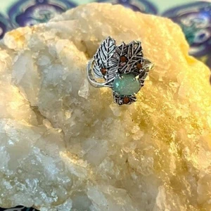 Sterling Silver Leaf Statement Ring w Amber Stones & Simulated Green Opal-10-New - Picture 1 of 12