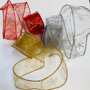 50mm Wide Christmas Organza Ribbon Gold Glitter Snowflakes Xmas Tree Bow Making - Picture 1 of 14