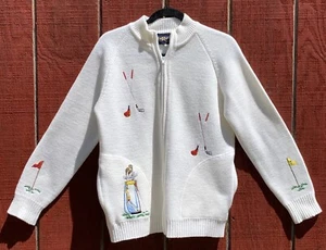 Vintage Golf LeRoy Knitwear Sweater Women Large Ivory Zip Up Embroidered Pockets - Picture 1 of 10