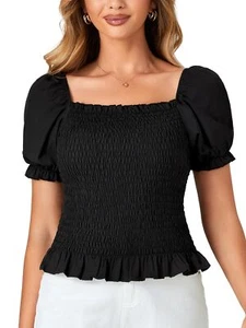 Women's Ruffle Peplum Smock Solid Top Square Neck Puff Short Sleeve Blouse Sh... - Picture 1 of 7