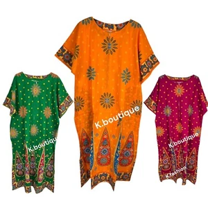 New Womens 100% COTTON Long Kaftan Dress Summer Paisley Ethnic Print One Size UK - Picture 1 of 25