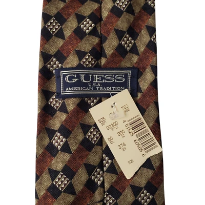 NWT Vintage Guess Silk Neck Tie Brown Beige Geometric LuxuryDesigner Italy  - Image 1 of 4