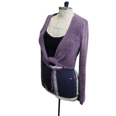 Hollister Womens Fuzzy Knit Tie Front Cropped Cardigan Sweater Purple Small Soft - Image 1 of 4