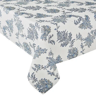 Shiloh Floral Fabric Cloth Tablecloth 60x84 Jacobean Print Ivory Blue Rectangle - Image 1 of 4