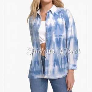 JOAN RIVERS Vintage Tie Dye Denim Shirt with Pockets Long Sleeve MEDIUM/Large - Picture 1 of 13