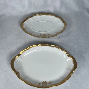 ANTIQUE LIMOGES BASSETT MONOGRAM OVAL SERVING PLATE TRAY W GOLD TRIM SET OF 2 - Picture 1 of 18