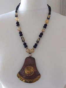 Statement Copper Tone Gold Tone Glass and Wood Beads Pendant Necklace - Picture 1 of 12