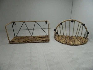 2 Woven Metal Frame Wall Shelves 1 Rectangular and 1 Arched w/ Knobs 11" & 9.5"L - Picture 1 of 16