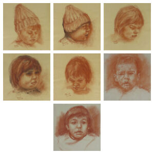 7 Child Portraits Complete Collection Blood Drawings on Paper Vintage Pb