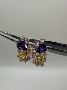 14CT ROLLED GOLD 585 RG Earrings Multi Stone Amethyst & Citrine Colorful Gift - Picture 1 of 12