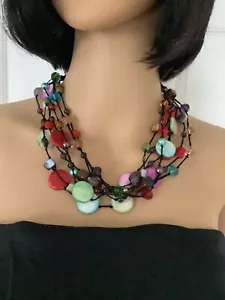 Vintage Necklace Colorful MOP Faceted Crystal Gem Stone Layered - Picture 1 of 3