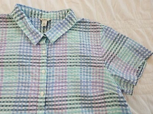 LLBean Damen Large Kurzarm Popover Shirt Seersucker 100% Baumwolle Blau BX5 - Bild 1 von 20