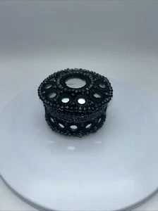Vintage Black Glass Seed Beaded Cloth Mirrored Trinket Box with Lid - Picture 1 of 5