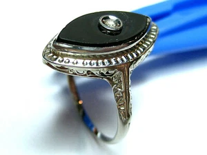 Vintage --14k White Gold Onyx & Diamond Ring - Size 4 1/2 - wts.- 2.33 grams - Picture 1 of 12