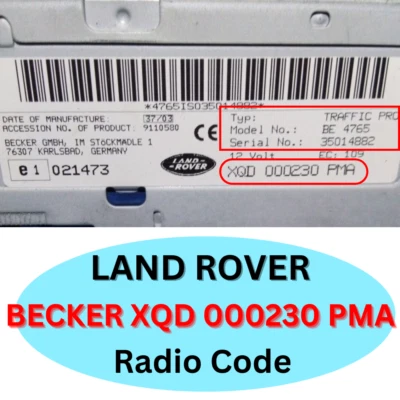 LAND ROVER Navigation System XQD 000230 PMA BECKER TRAFFIC PRO Radio Code Unlock - Image 1 of 2