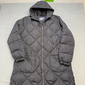 Lands End Jacket Women 2X Black Diamond Quilted Feather Free Insulated Long Coat - Afbeelding 1 van 13