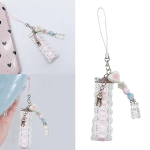 Cute Ribbon Bear Phone Charm for Women Beaded Keychain Bag Purse Backpack Wallet - Zdjęcie 1 z 8