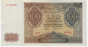 Poland 100 Zlotych 1941 P103 About Uncirculated w Pen mark on reverse - Picture 1 of 2