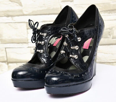 Betsey Johnson Tadum 海军蓝漆皮系带牛津楔形高跟鞋 7.5 码 — 第 1/4 张图片