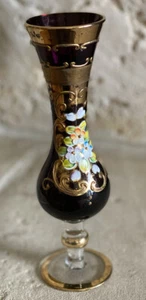 Vintage LEFTON'S Japan Glass Works Hand Blown Amethyst Painted Stemmed Vase Gold - Picture 1 of 12
