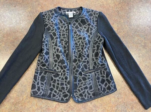 Peter Nygard Women Gray Tight Knit Animal Print Petite Full Zip Sweater Size 4 6 - Picture 1 of 9